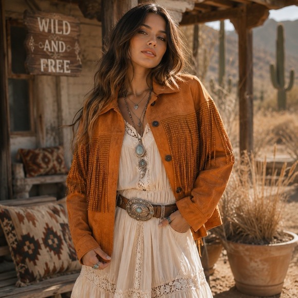 melrose with love Jackets & Blazers - Melrose With Love Orange Rust Faux Suede Studded Fringe Jacket Western Festival